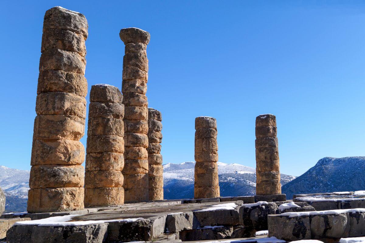 The Temple of Apollo in Delphi Delphi guided tour with snow