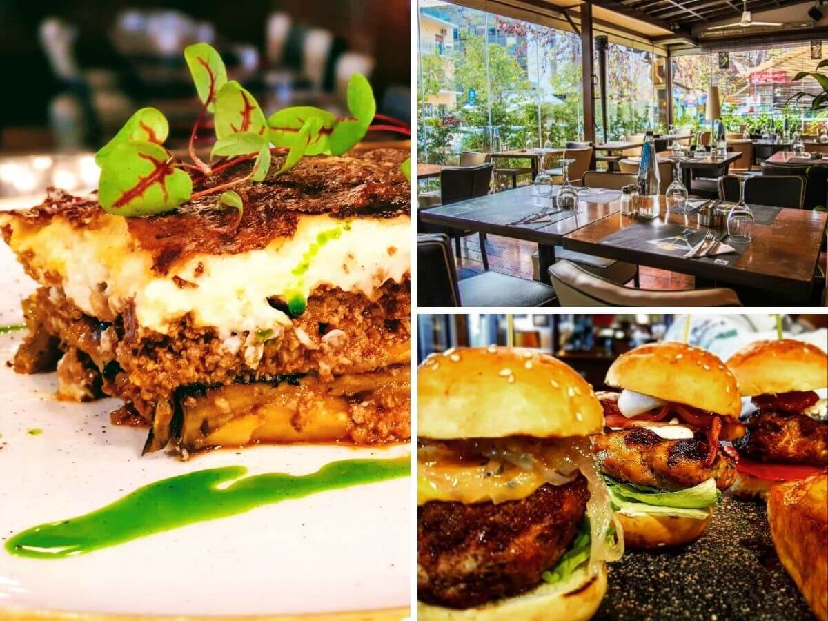 Collage with many photos from the restaurant Agora restaurant in Athens