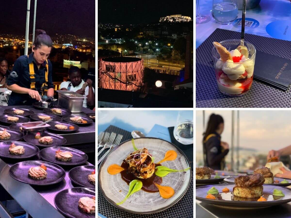 Dishes and view of the Dinner in the Sky in Athens