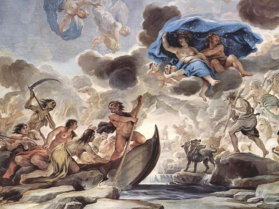 Scene from the Underworld with the ferryman Charon and Morpheus, the god of sleep and son of Hypnos