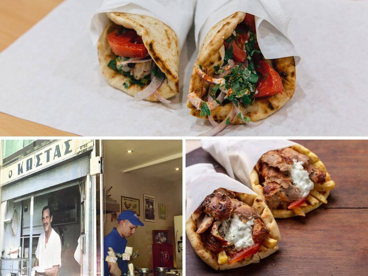 Collage of many photos from the restaurant Kostas traditional souvlaki in Athens