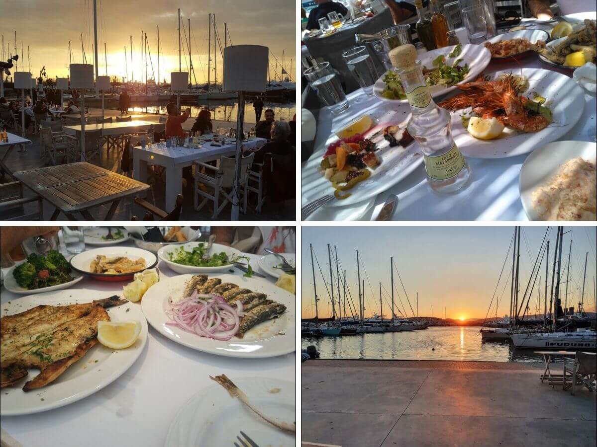 Collage with many photos from the restaurant Nauticos Omilos Floisvou seafood restaurant in Athens