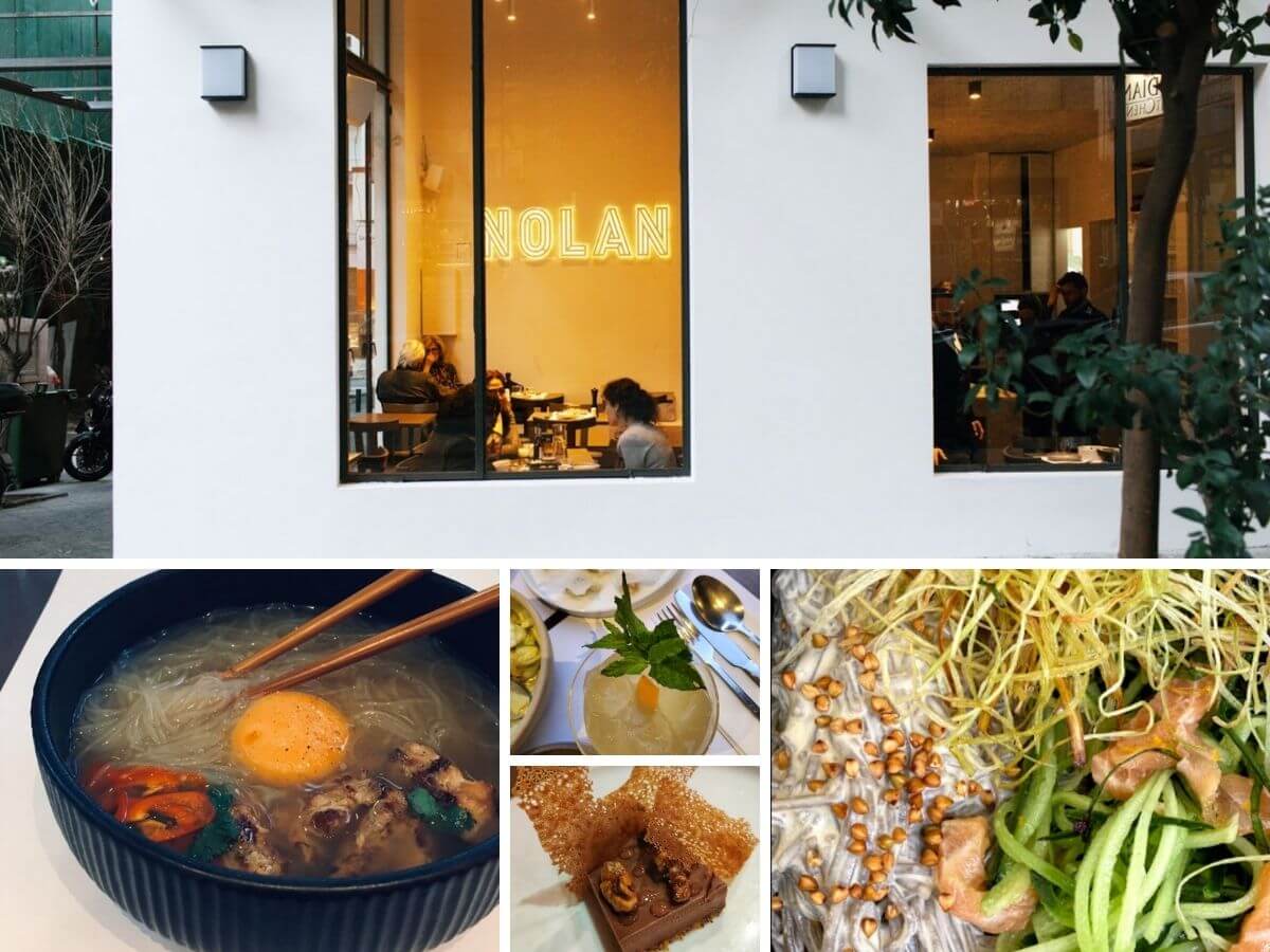 Dishes and the building of the restaurant Nolan restaurant in the center of Athens