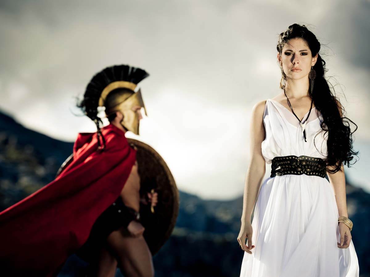 Trip to Sparta A Spartan warrior and woman at the hills of the Peloponnese