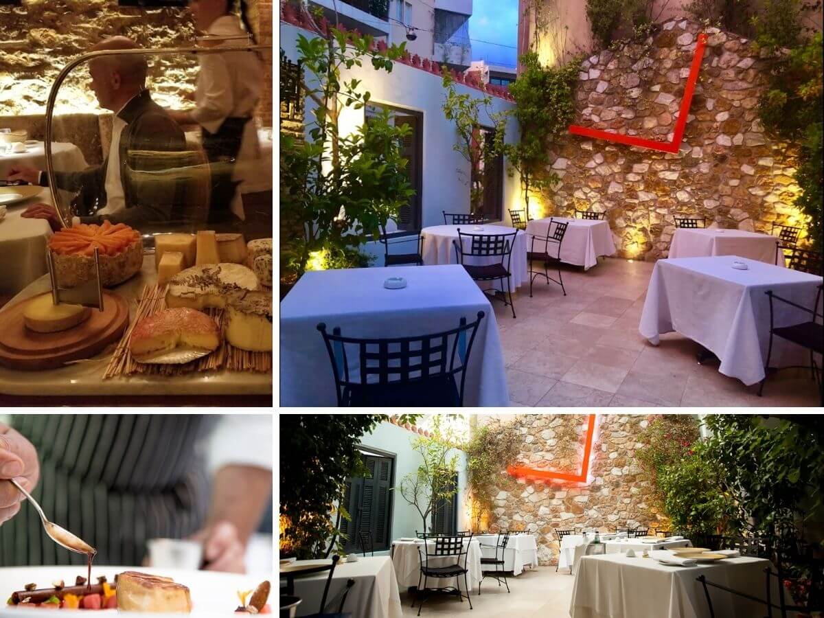 Collage with many photos from the restaurant Spondi Michelin restaurant in Athens