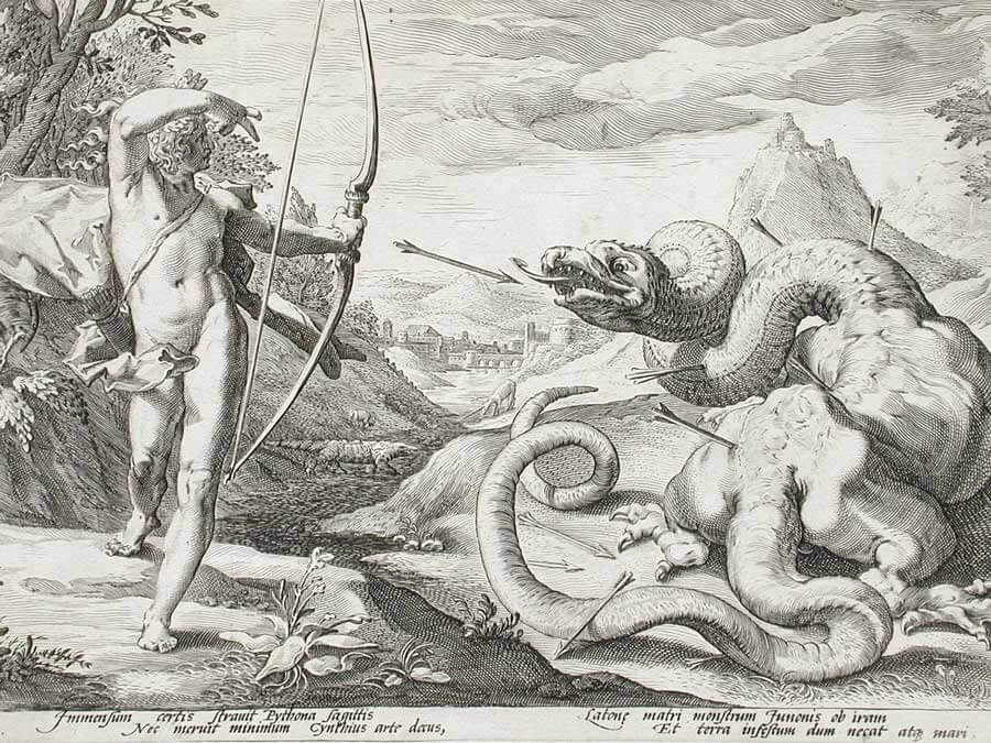 Greek mythology monsters Apollo fighting the serpent monster Python at Delphi