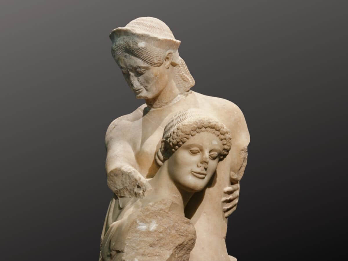 Archaic period, 510 - 500 BC, found in Eretria, at the temple of Apollo Daphnephoros The abduction of Antiope by Theseus