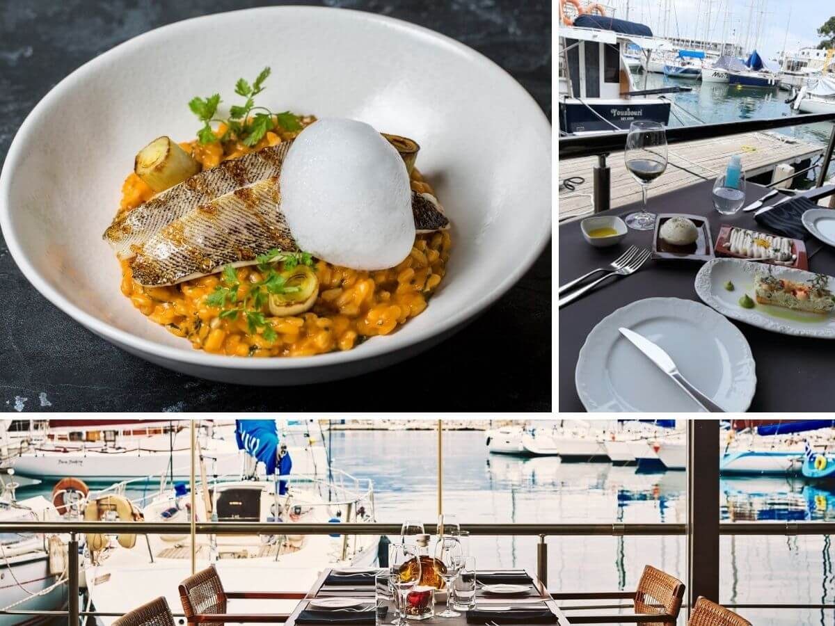 Collage with many photos from the restaurant Varoulko Seaside fish restaurant in Piraeus port