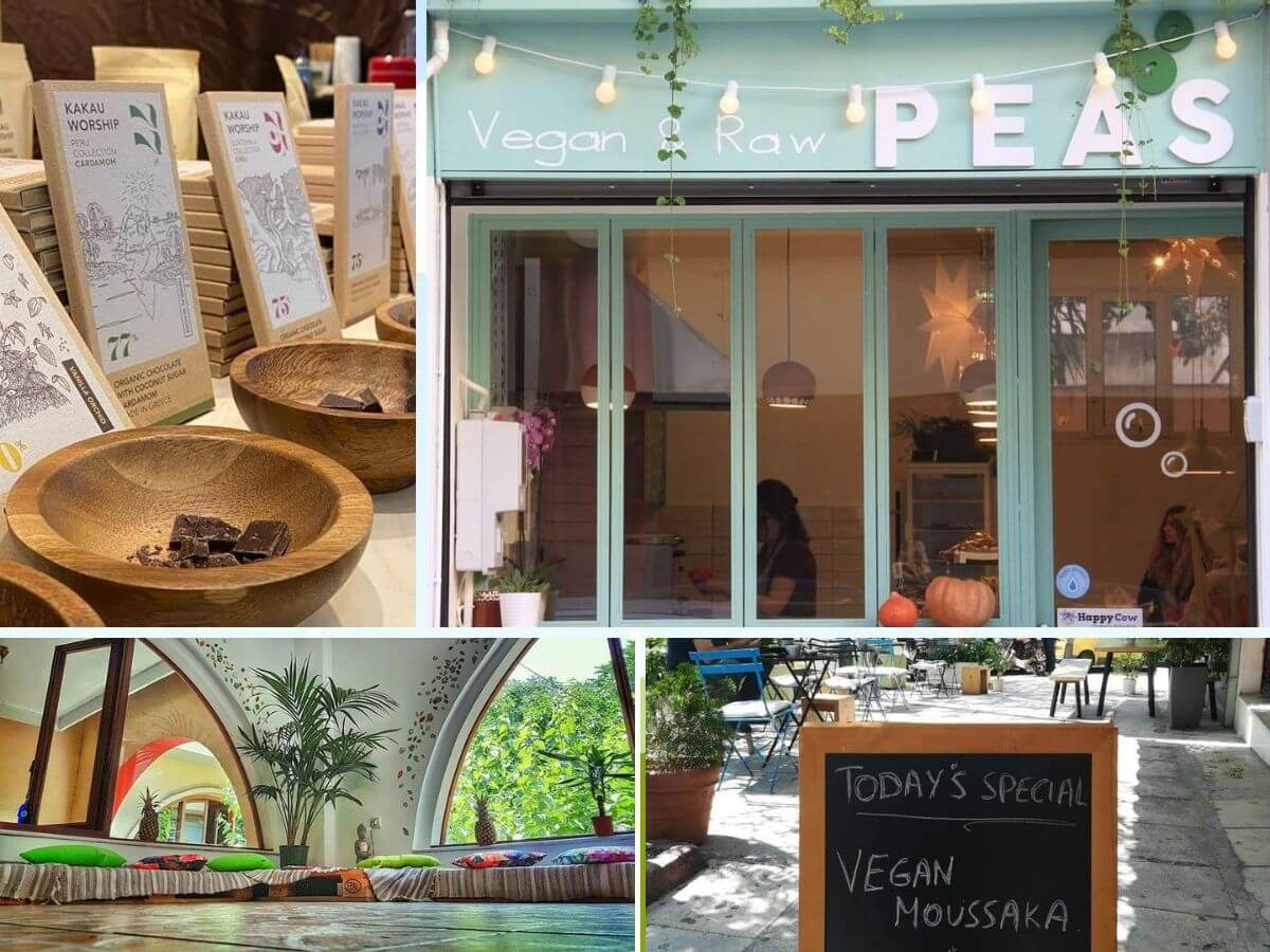 Collage with different places Vegan choices in Athens